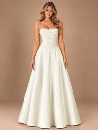 Blush Pink Strapless Satin A-Line Prom Dress with Ruched Bodice