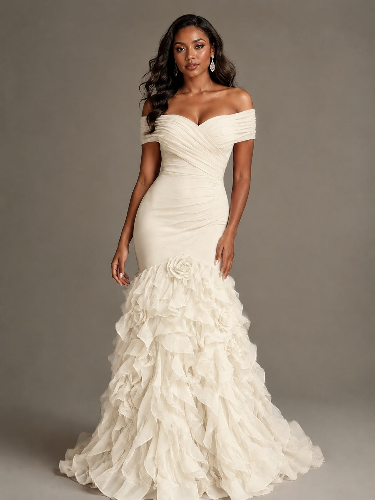 Pink Off-the-Shoulder Mermaid Prom Dress with Ruffles 3D Flowers