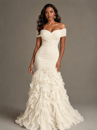 Pink Off-the-Shoulder Mermaid Prom Dress with Ruffles 3D Flowers