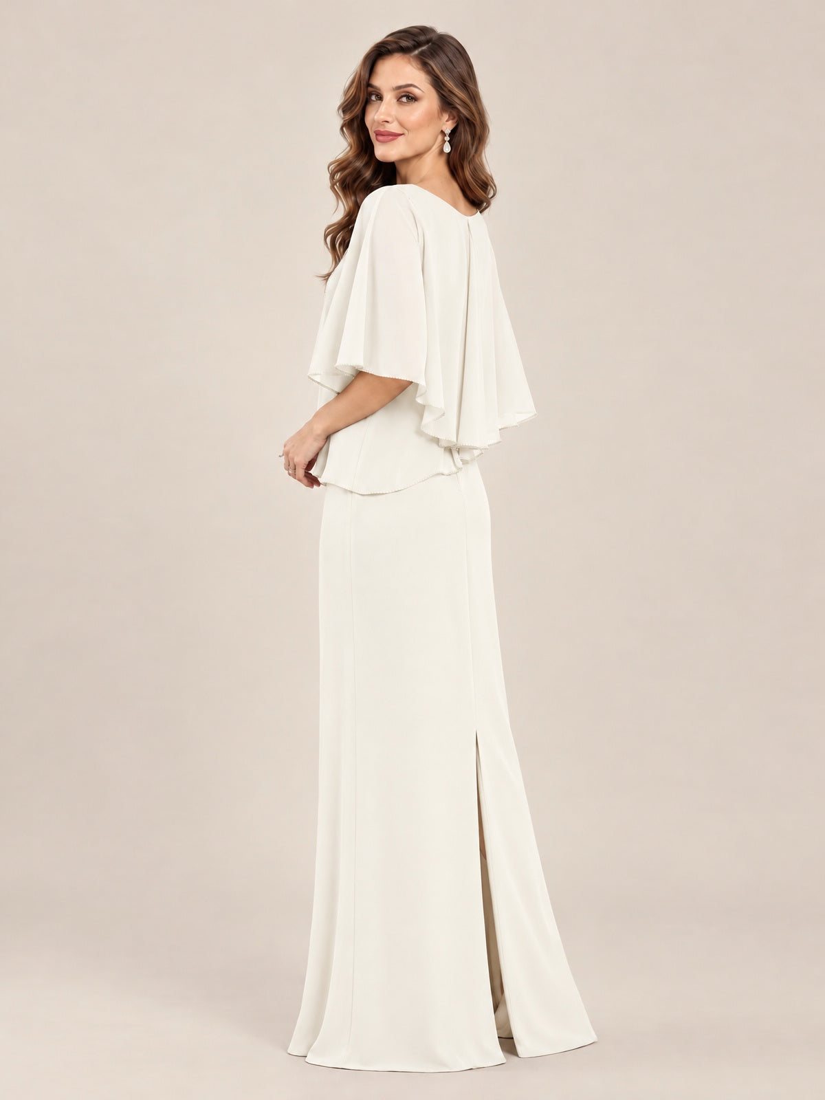 Cape Sleeve Mother of the Bride Dress with Asymmetrical Overlay