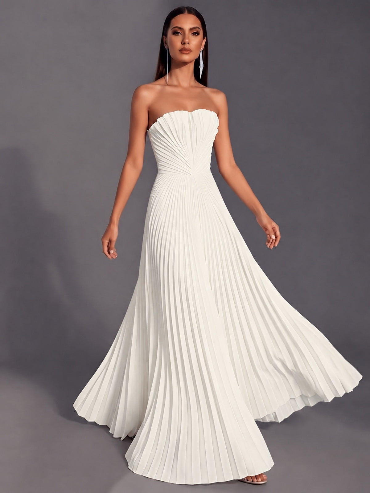 Strapless A-line Long Pleated Satin Prom Dress