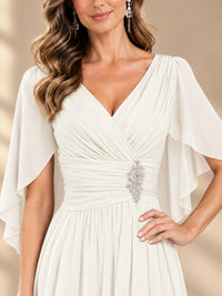 Ruched V Neck Mother of The Bride Dresses with Shawls Appliques and Cap Sleeves