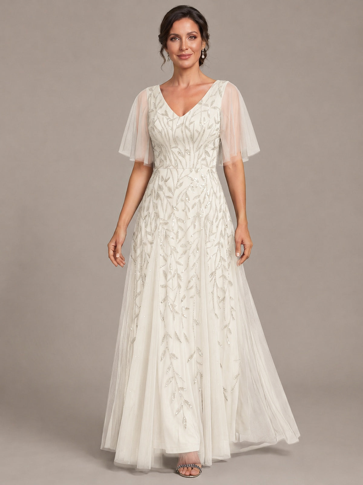 V-Neck Sequin Tulle Mother of the Bride Dress with Flutter Sleeve