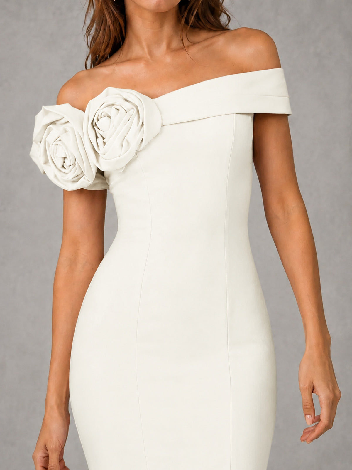 Blush Pink Off Shoulder Mermaid Bridesmaid Dress with Floral Rosette