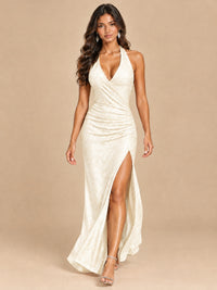 Halter V-Neck Sequin Mermaid Prom Dress with High Slit