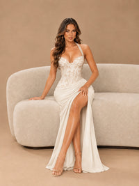 Sweetheart Halter Prom Dress Pleated Lace Floral Formal Dress with Slit