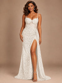 Burgundy Sequin Corset Prom Dress with High Slit