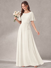 Scoop Neck A-line Chiffon Bridesmaid Dress with Flutter Sleeve & Belt