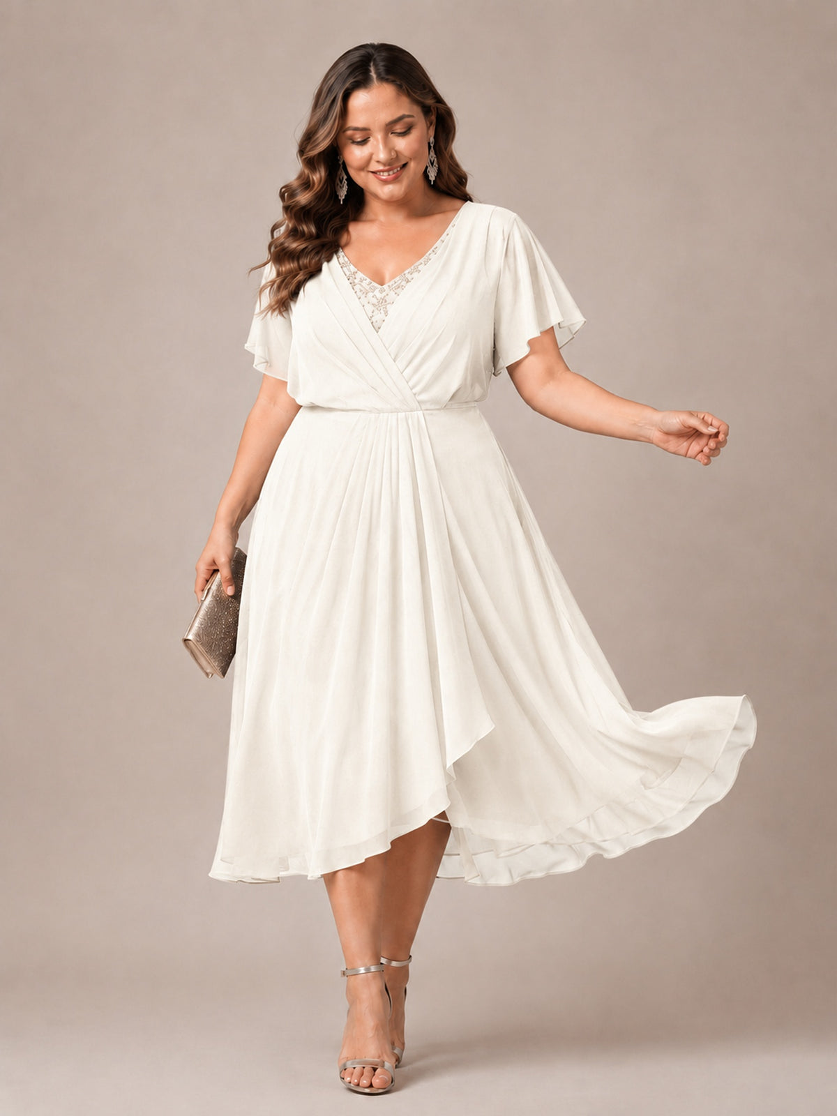 Navy Blue A-Line V-Neck Tea-Length Mother of the Bride Dress