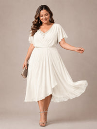 Navy Blue A-Line V-Neck Tea-Length Mother of the Bride Dress
