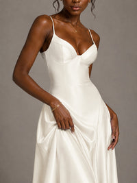 Lavender V Neck Satin Prom Dress with Spaghetti Straps