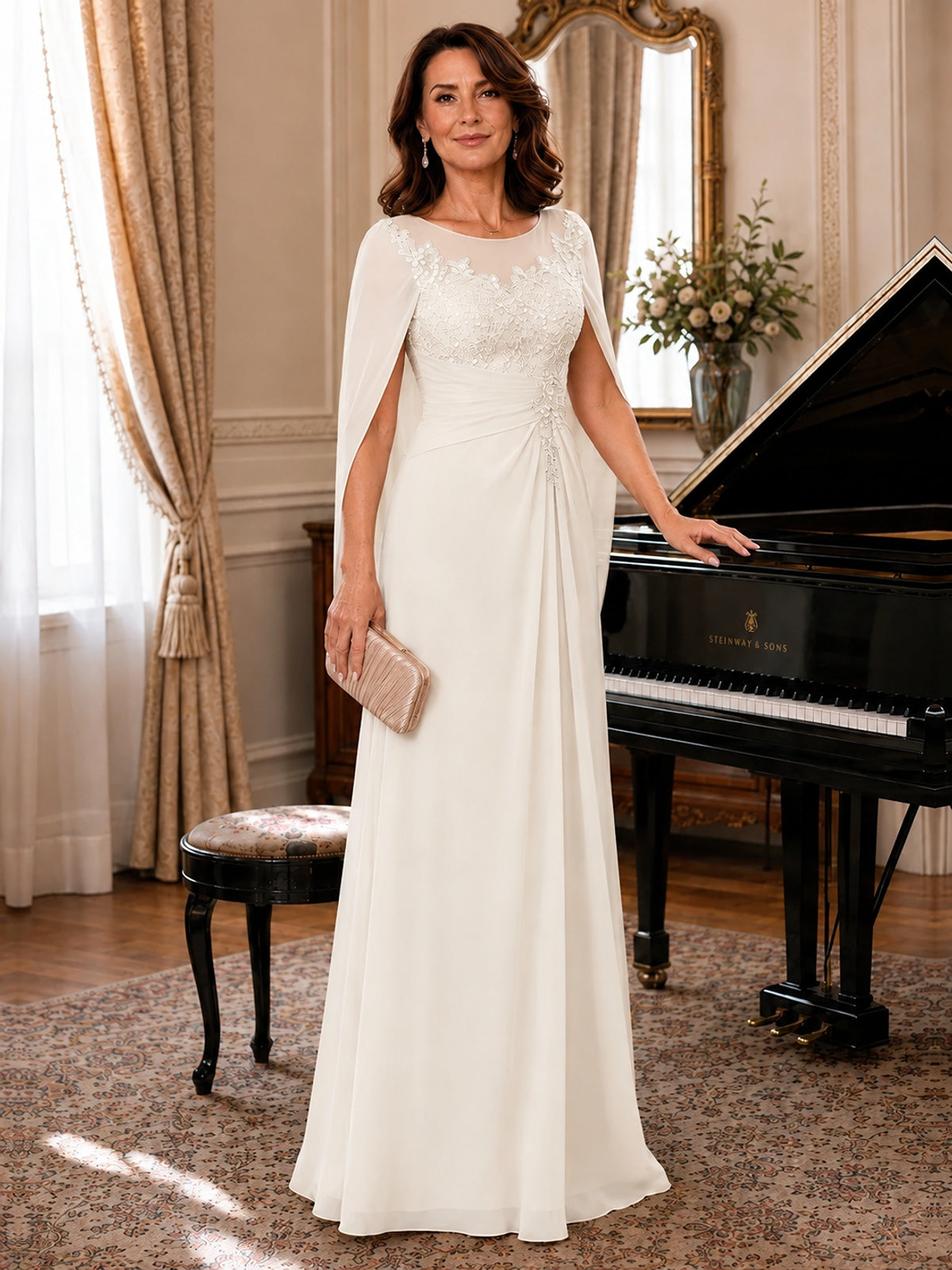 Elegant Applique Chiffon Mother of the Bride Dress with Cape Sleeves