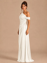 Satin One Shoulder Prom Dress Ruched Long Formal Evening Gown