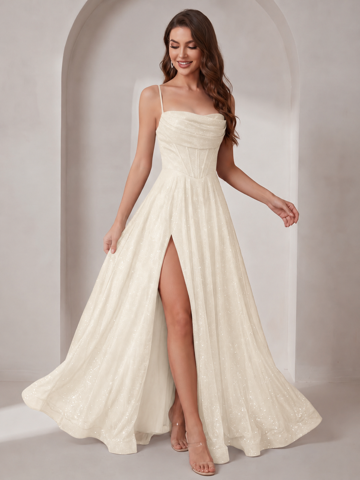 Sparkly Cowl Neck Corset Long Prom Dress with Slit A-line Tulle Ball Gown
