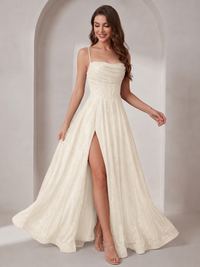 Sparkly Cowl Neck Corset Long Prom Dress with Slit A-line Tulle Ball Gown