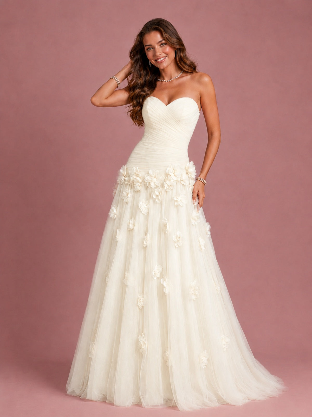 Blush Pink Strapless Sweetheart 3D Floral Tulle Ball Gown Prom Dres