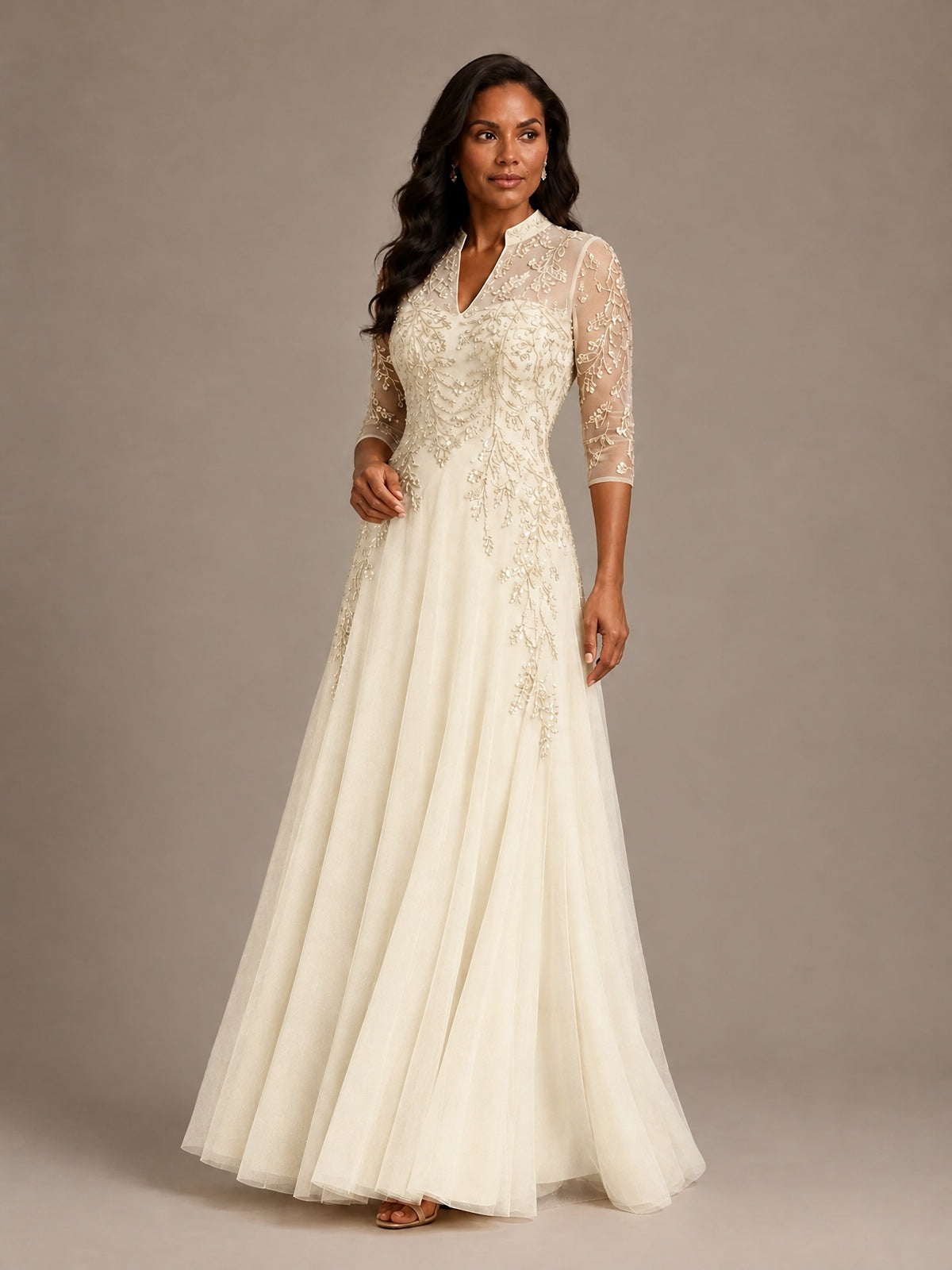 Embellished Appliques Mother of the Bride Dress with 3/4 Sleeves