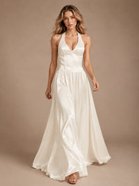 Pink V Neck Halter Satin Maxi Dress