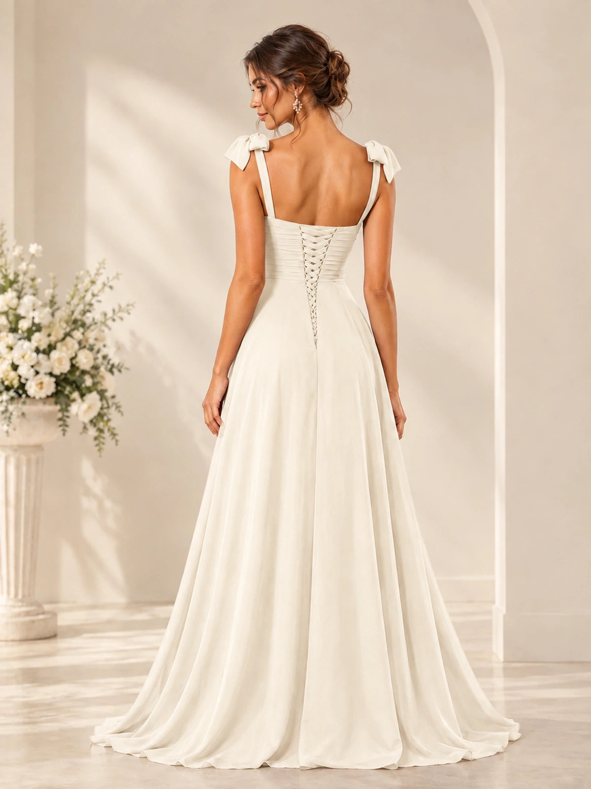 Ruffle Slit Chiffon A Line Scoop Neck Bridesmaid Dresses with Pockets