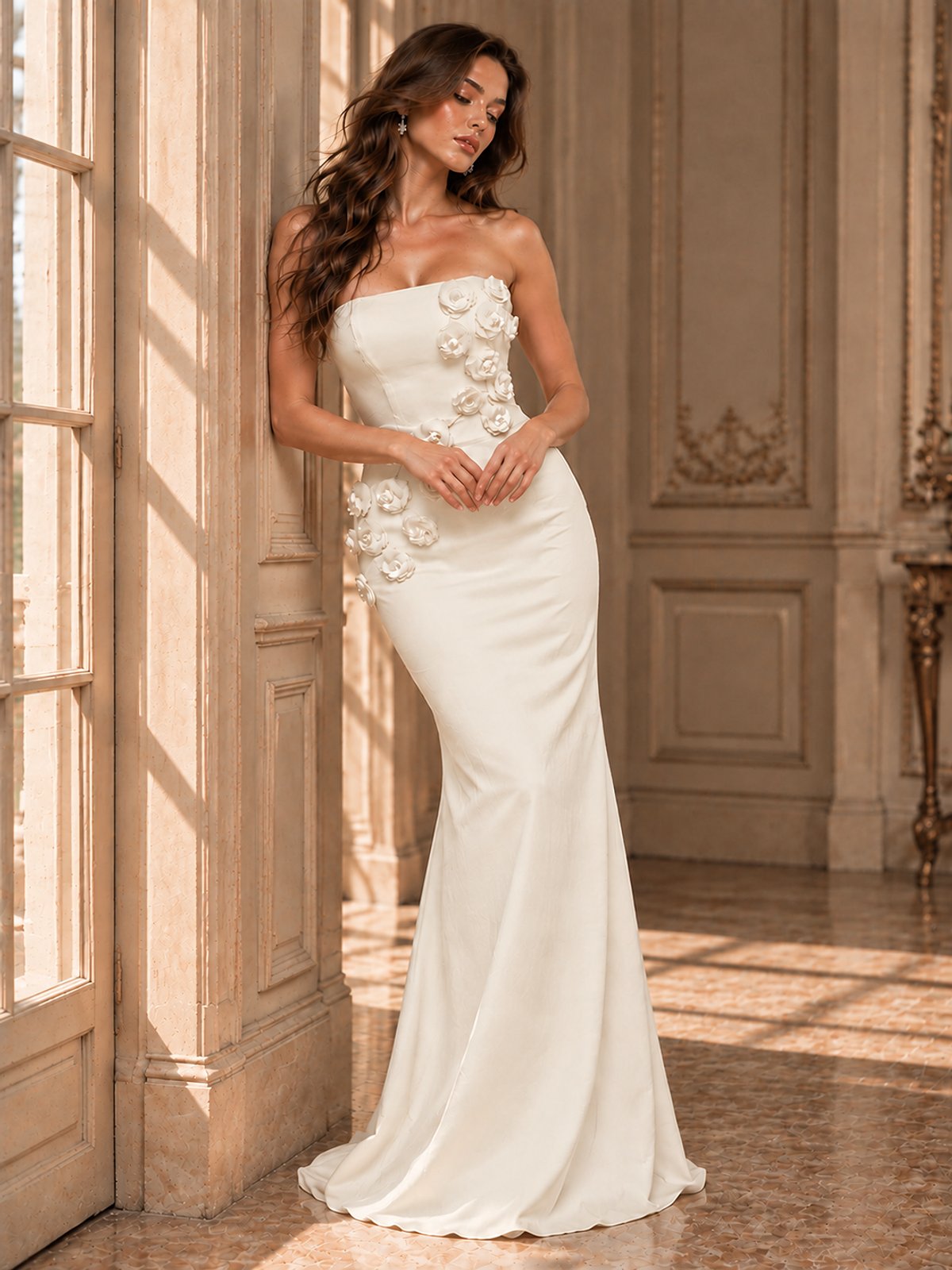 White Strapless Mermaid Maxi Dress with 3D Floral Appliques