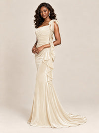 Black Velvet One-Shoulder Mermaid Evening Gown with Bow & Ruffles