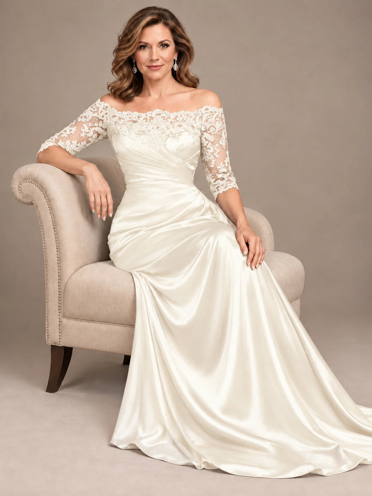 Satin Mother of the Bride Dress with Lace Sleeves Off Shoulder Formal Gown