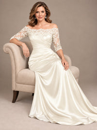 Satin Mother of the Bride Dress with Lace Sleeves Off Shoulder Formal Gown