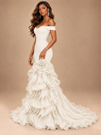 Dusty Blue Off-the-Shoulder Mermaid Prom Dress with 3D Rose & Ruffles