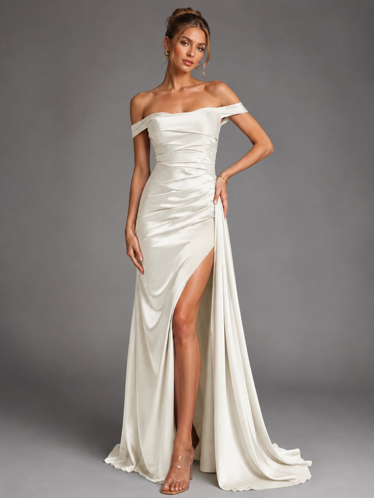 Off Shoulder Satin Maxi Dress with Slit