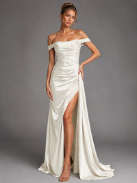 Off Shoulder Satin Maxi Dress with Slit