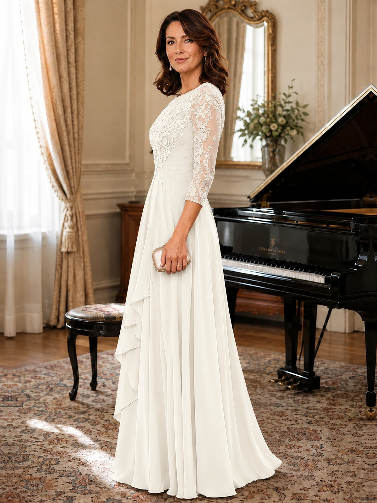 A-Line Chiffon Mother of the Bride Dress with Floral Applique 3/4 Sleeves