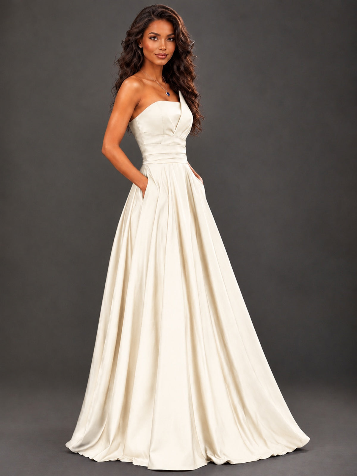 Draped Satin Prom Dress Strapless A-line Formal Dress Floor Length