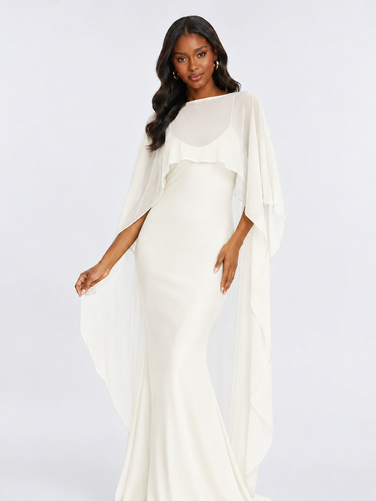 Satin Cape Prom Dresses Meramid Maxi Dress