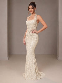 Gold Halter Sequin Mermaid Ruched Prom Dress Long Ruched Evening Gown