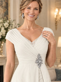 Pleated Chiffon Lace Mother of The Bride Dresses with Beading Cap Sleeves