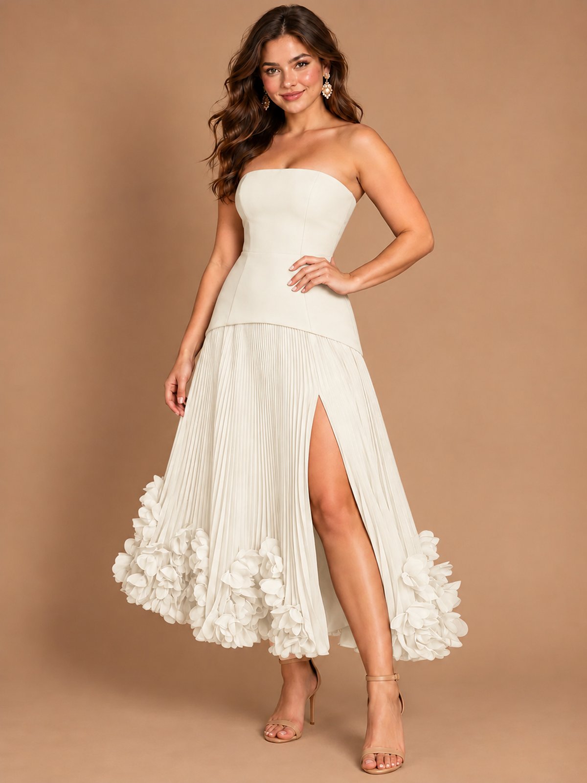 Navy Blue Strapless Pleated A-Line Midi Dress with 3D Floral Applique