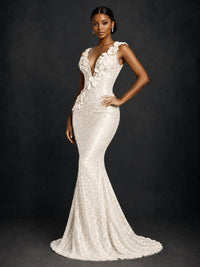 Gold Sequin Floral Applique Mermaid Prom Dress