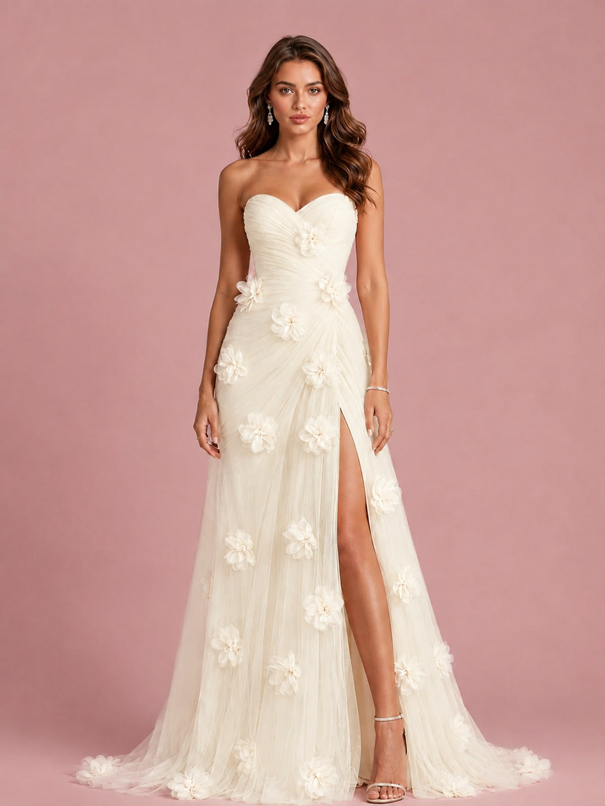3D Floral Applique Strapless Tulle Prom Dress with High Slit