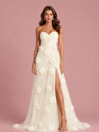 3D Floral Applique Strapless Tulle Prom Dress with High Slit