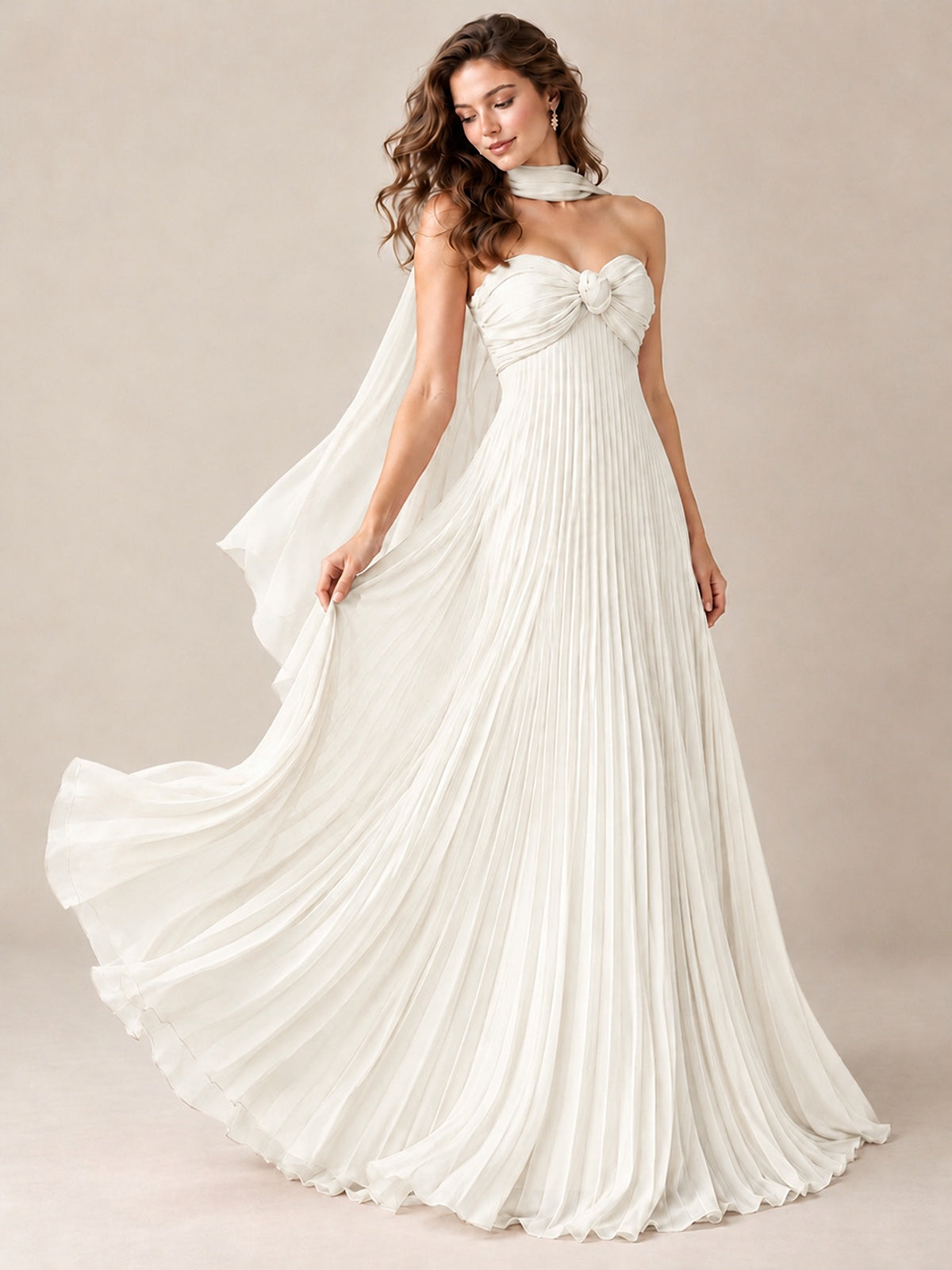 Sweetheart Neckline Pleated Prom Dress Strapless A-line Formal Dress with Flowy Scarf