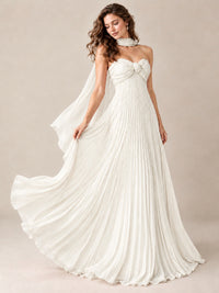 Sweetheart Neckline Pleated Prom Dress Strapless A-line Formal Dress with Flowy Scarf