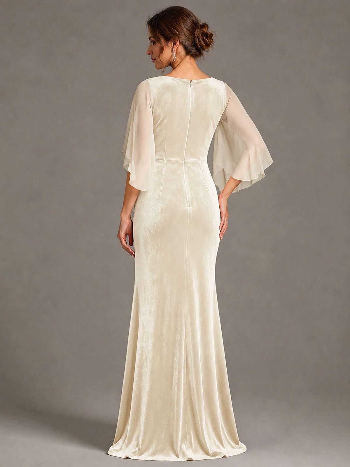 Navy Blue Velvet V Neck Mermaid Formal Dress with Flutter Cape Sleeves