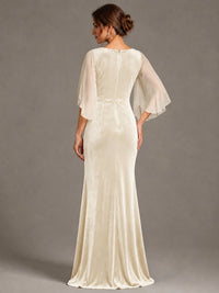 Navy Blue Velvet V Neck Mermaid Formal Dress with Flutter Cape Sleeves