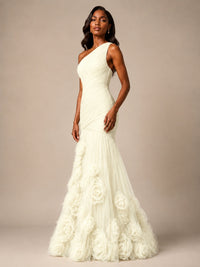 Blush Pink One Shoulder 3D Floral Mermaid Prom Dress