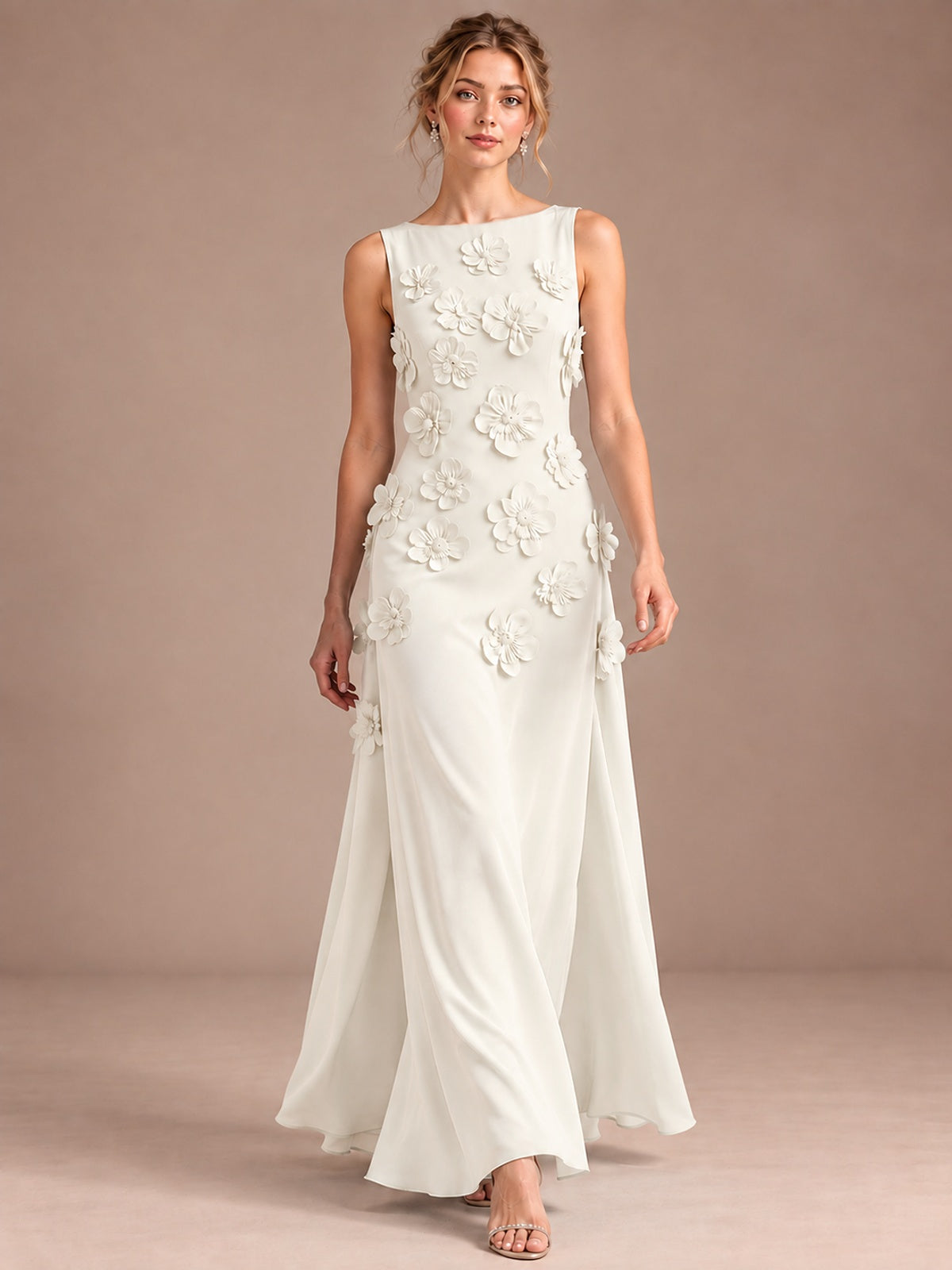 3D Floral Applique Sleeveless Formal Maxi Dress