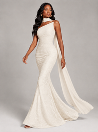 Pleated Chiffon Lace Prom Dresses Long Bodycon Mermaid with Scarf