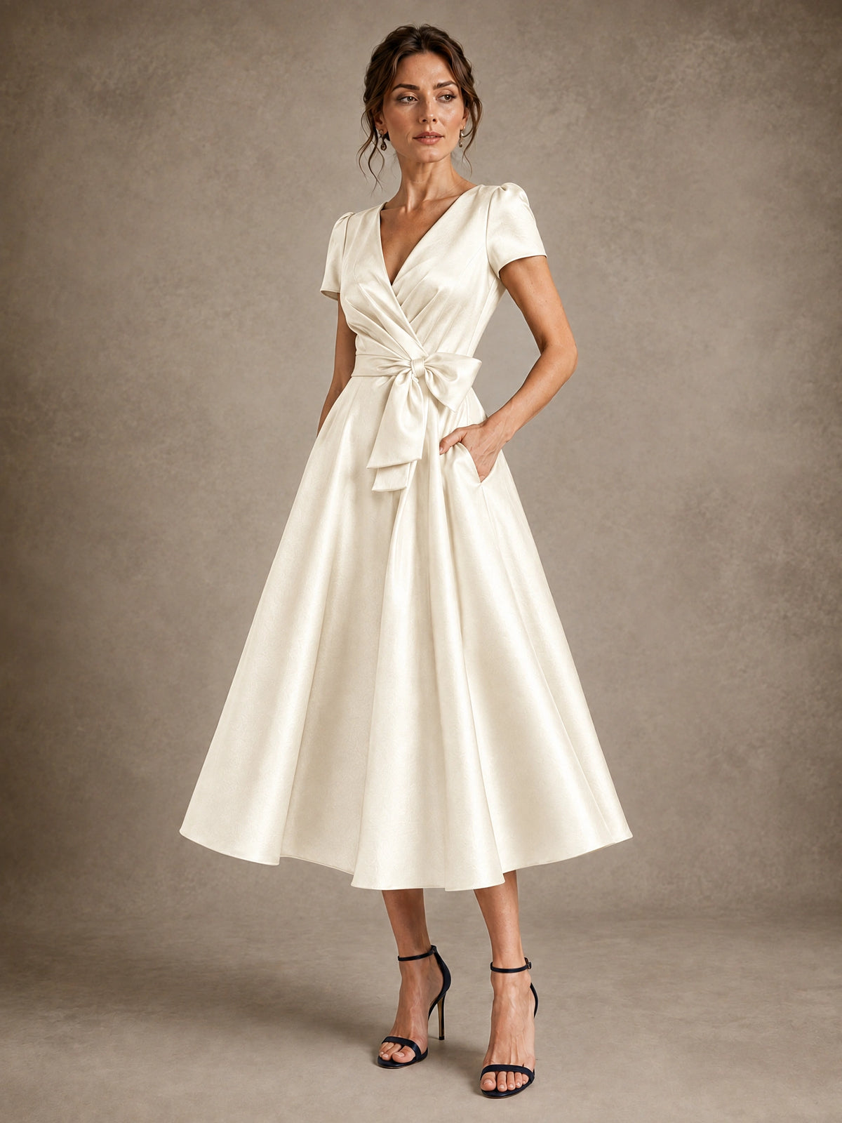 V-Neck Tea-Length Satin Mother of the Bride Dress with Bow