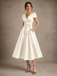 V-Neck Tea-Length Satin Mother of the Bride Dress with Bow