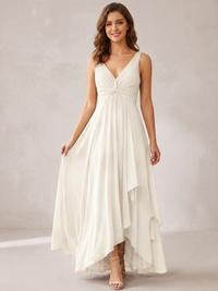 V-Neck High-Low Chiffon Bridesmaid Dress with Ruffles