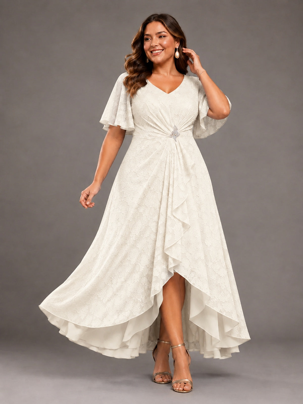 Jacquard Chiffon A-Line V-Neck High-Low Mother of the Bride Dress